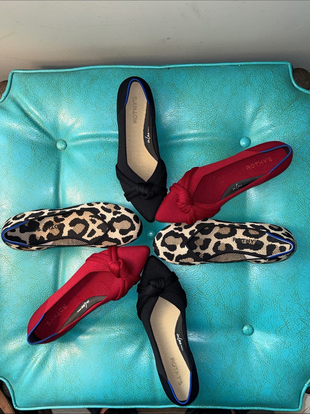 3 pair Rothy’s red and black knot points+ Desert Cat leopard flat washable 8.5